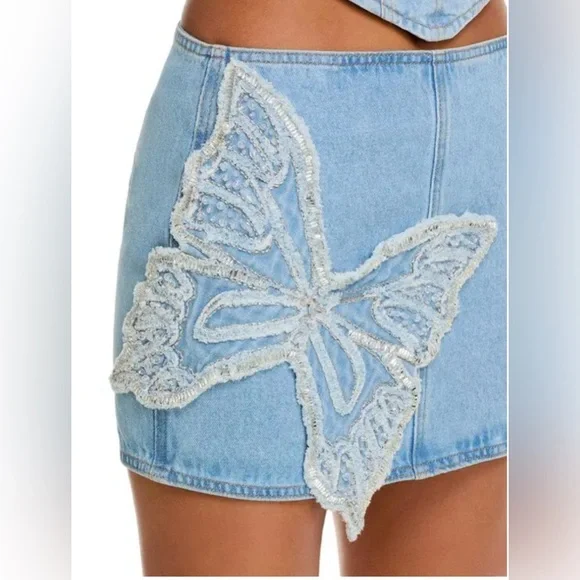 NEW PatBO Camila Coelho Denim Skirt NWT Sz 2 Beaded Accents - Picture 3 of 14